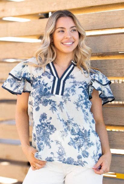 V-Neck Flutter Sleeve Top, Blue Floral