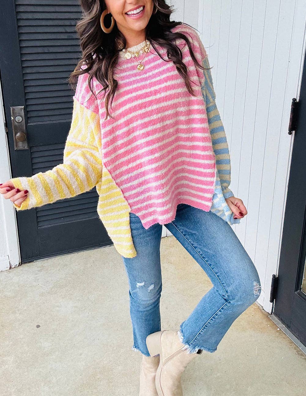 Multicolor Color Block Striped Patchwork Dolman Sleeve Slit Sweater