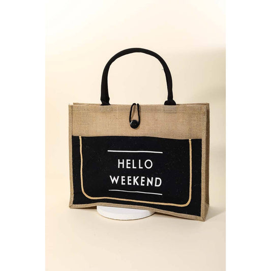 Hello Weekend Burlap Tote Bag