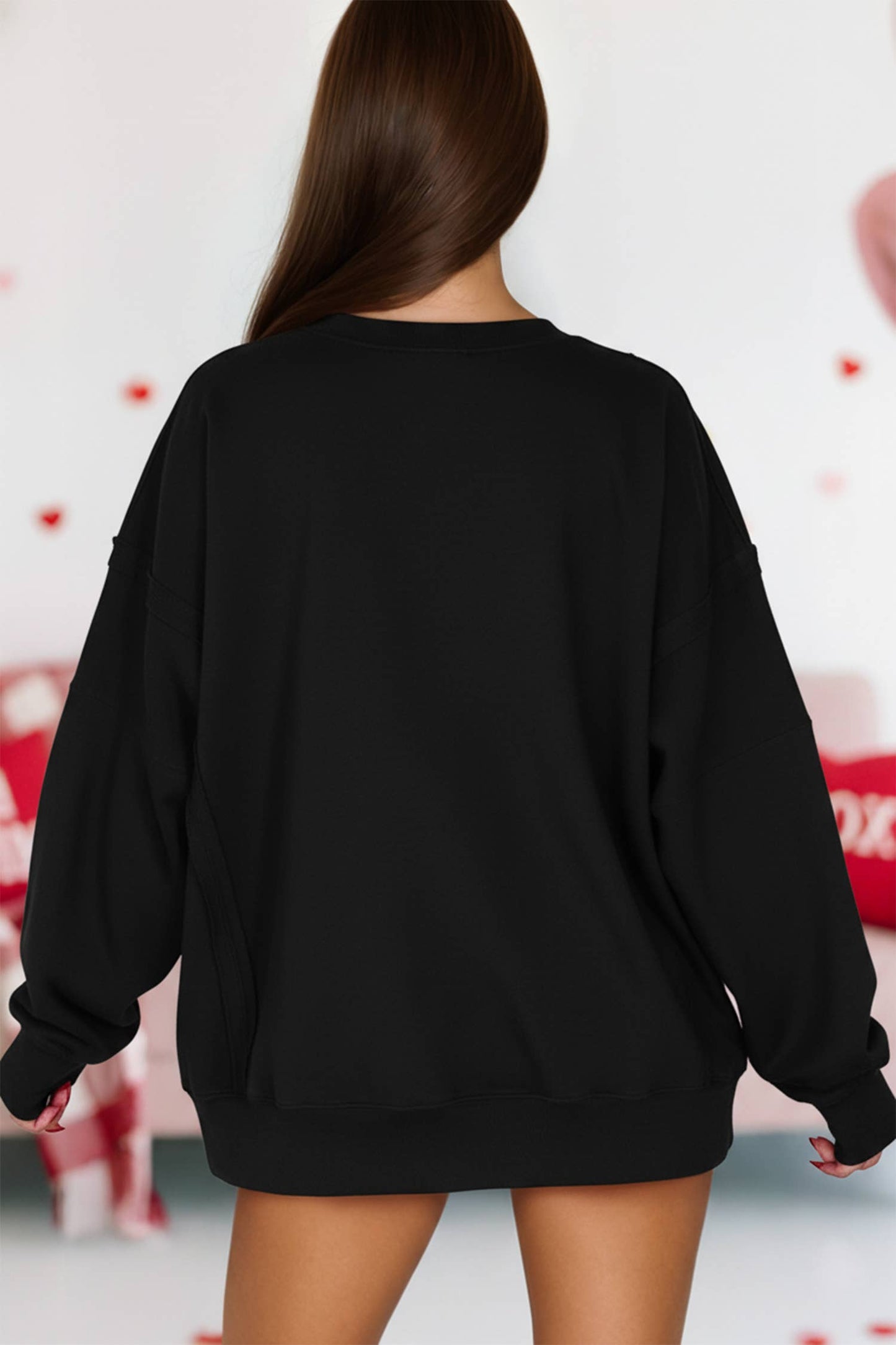 Valentine Sequin XOXO Printed Exposed Seam Baggy Sweatshirt
