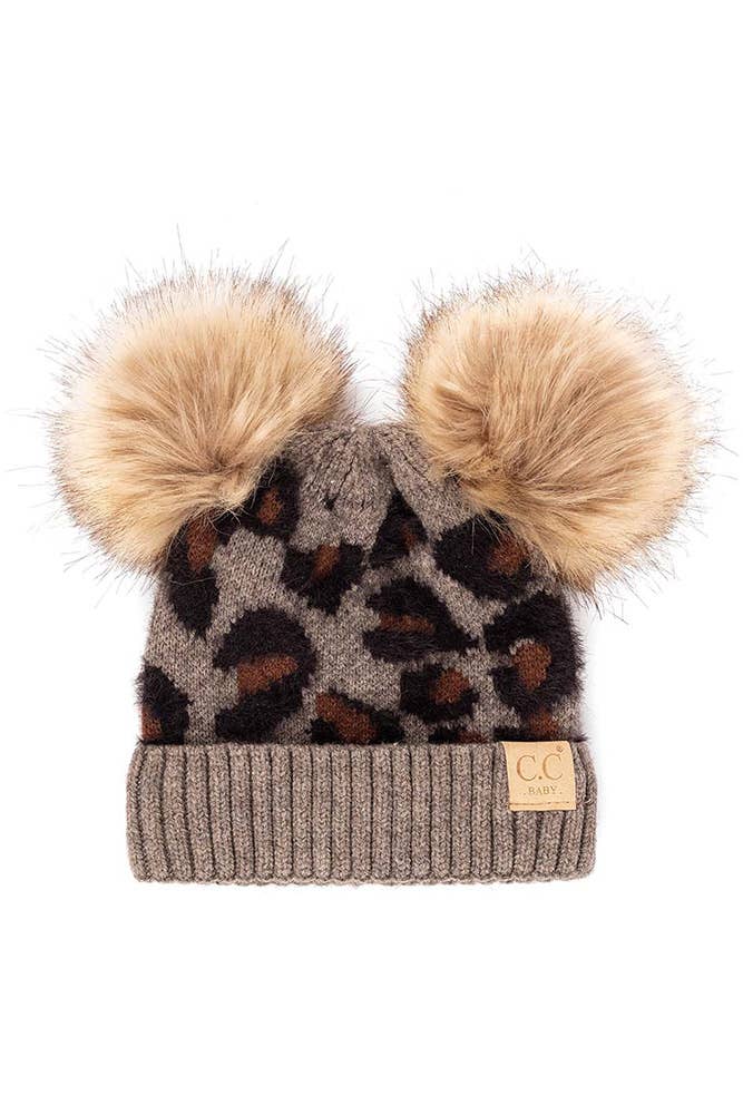 C.C Baby Leopard Double Pom Beanie Hat