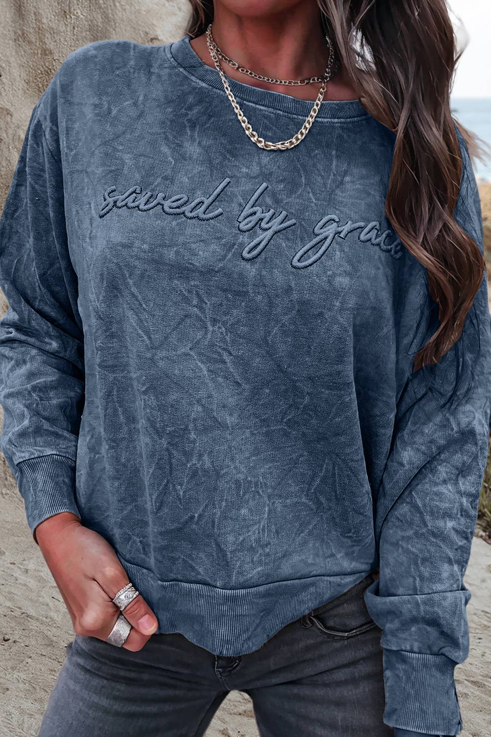 Saved by grace Embroidery Mineral Wash Sweatshirt