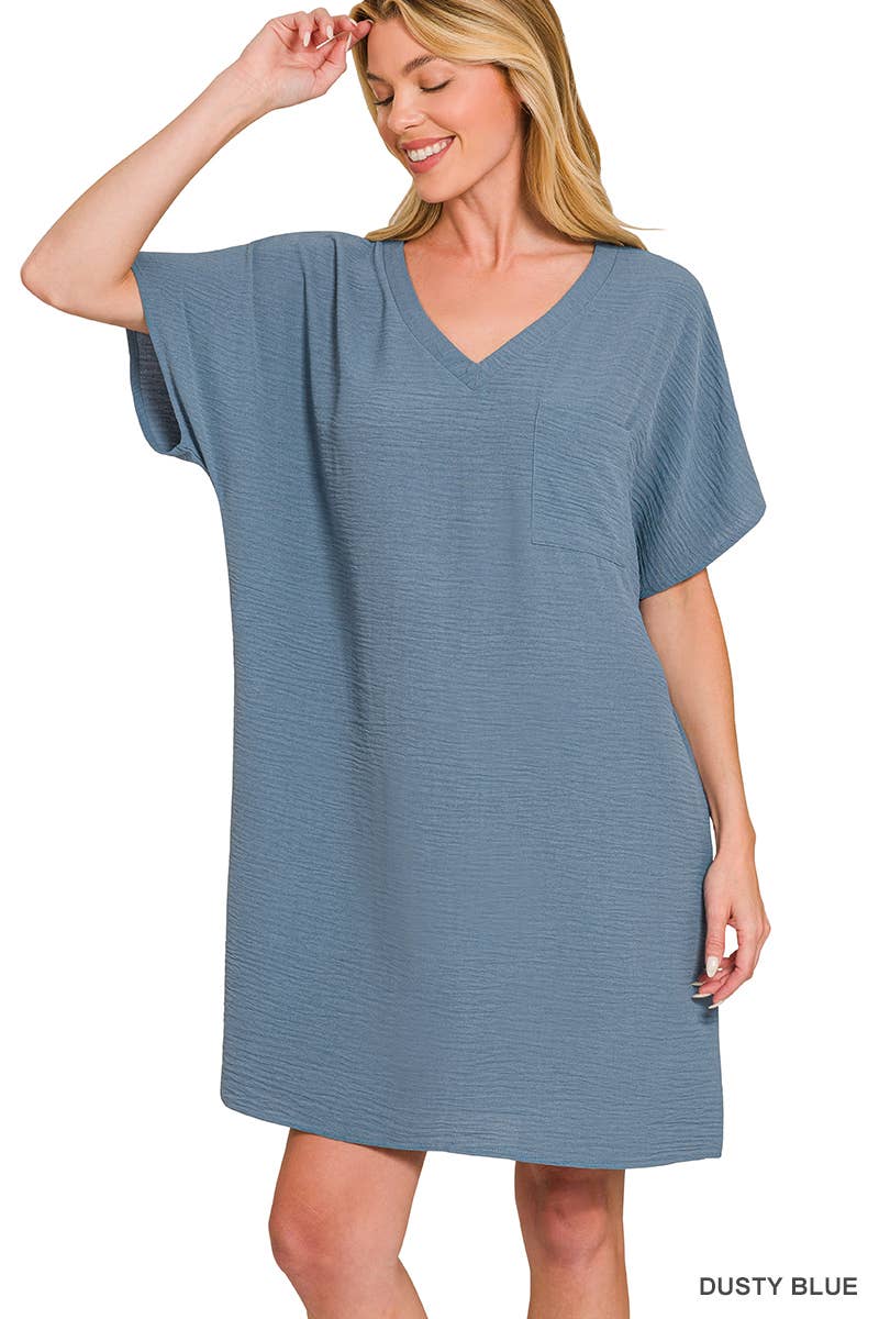 Woven Airflow V Neck T Shirt Dress With Pockets Zenana
