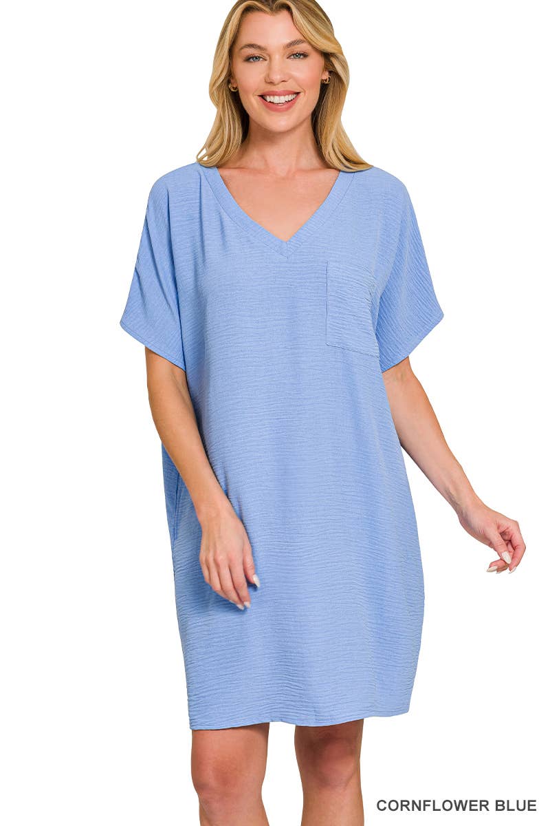 Woven Airflow V Neck T Shirt Dress With Pockets Zenana