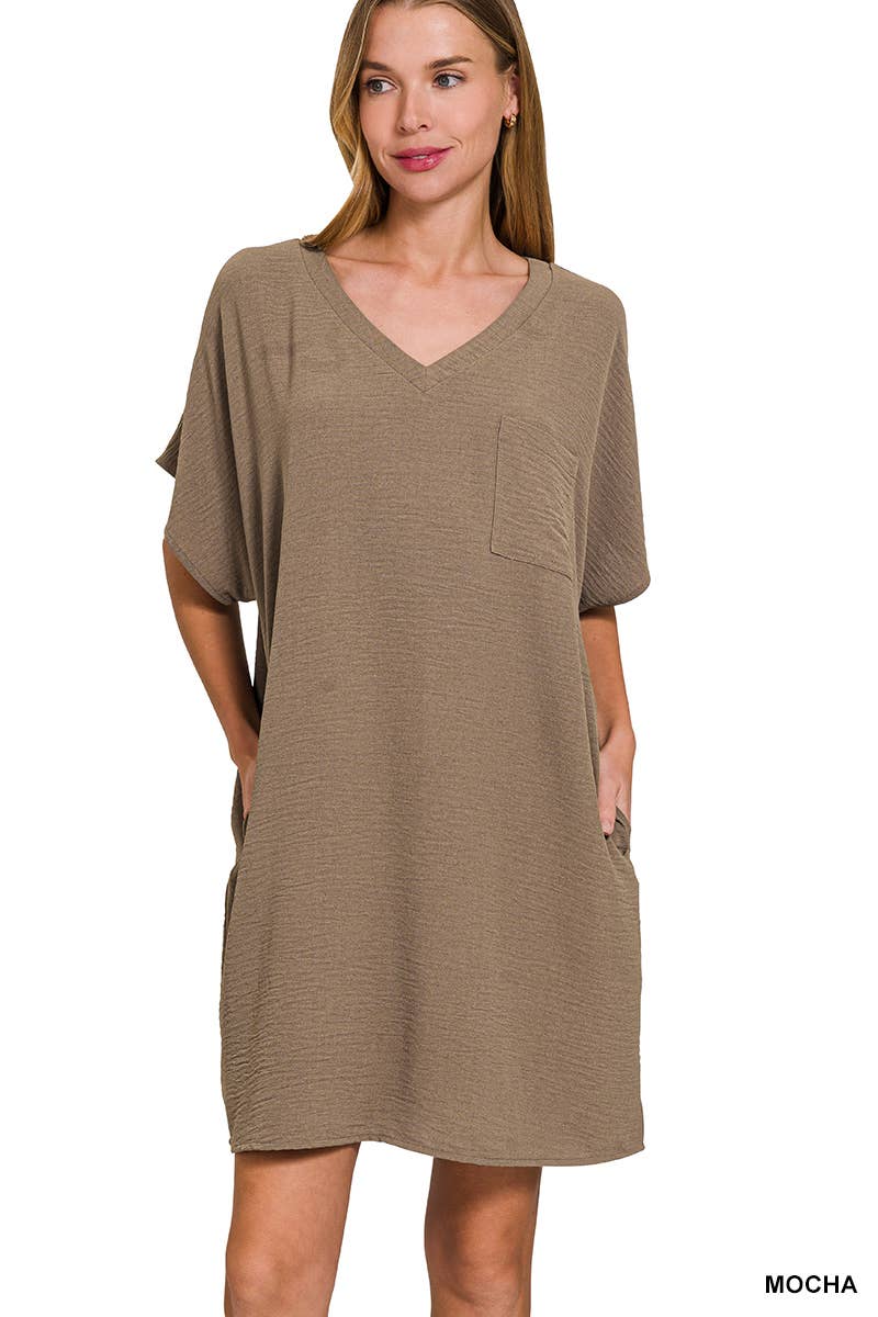 Woven Airflow V Neck T Shirt Dress With Pockets Zenana