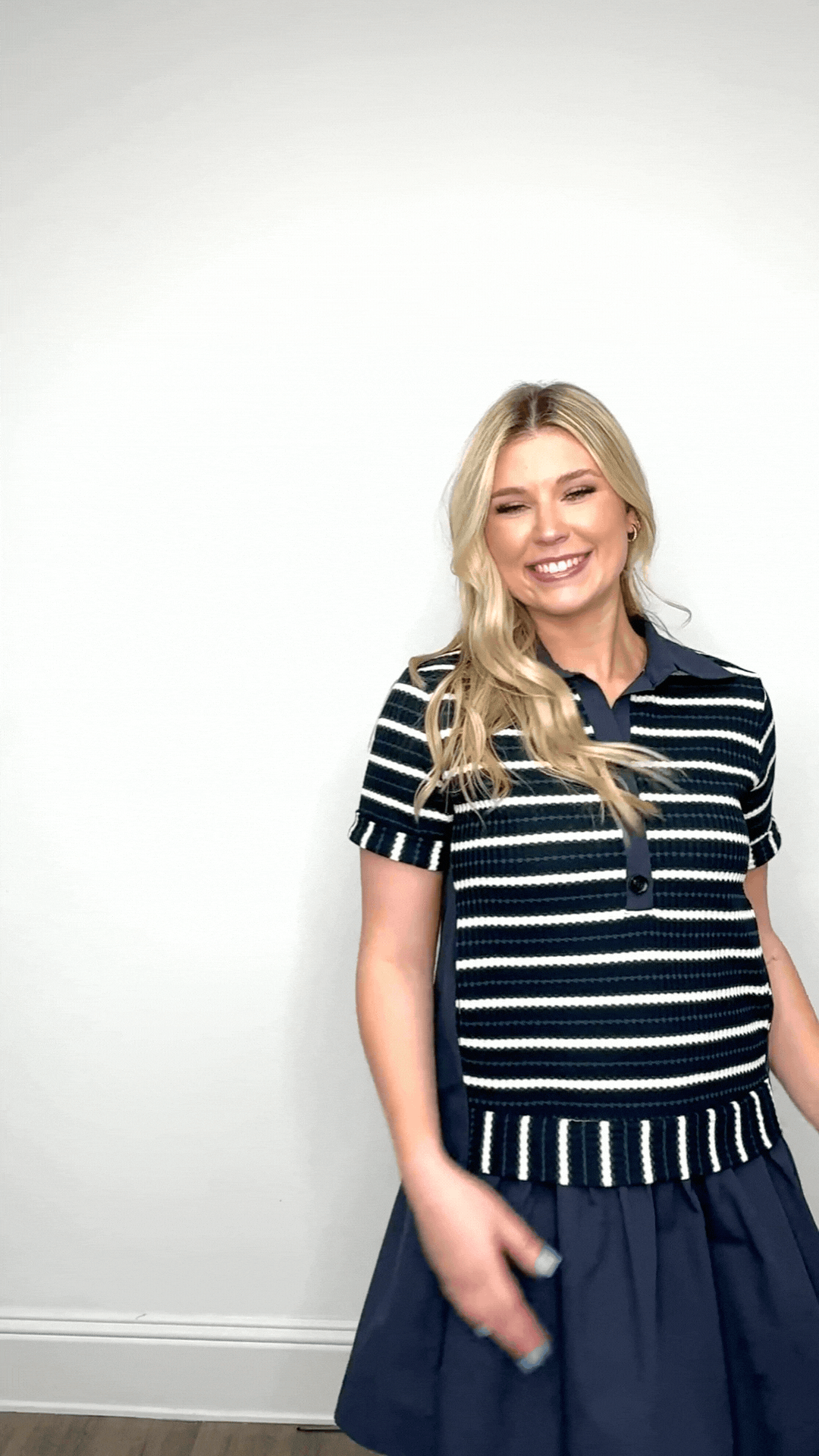 Grace + Emma Striped Knit Top with Attached Skirt, Navy