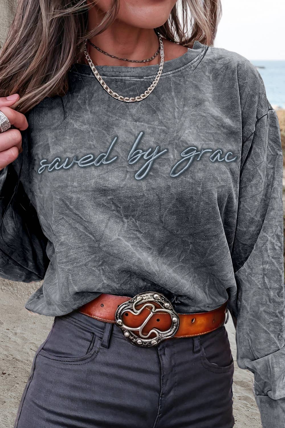 Saved by grace Embroidery Mineral Wash Sweatshirt
