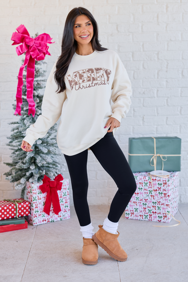 Merry Christmas Cow Print Cream Graphic Sweatshirt