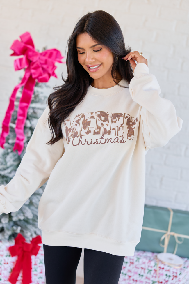 Merry Christmas Cow Print Cream Graphic Sweatshirt
