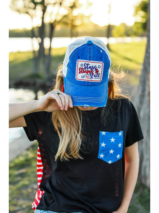 Stars Stripes & Y'all Patch On Blue Distressed Hat with Tan