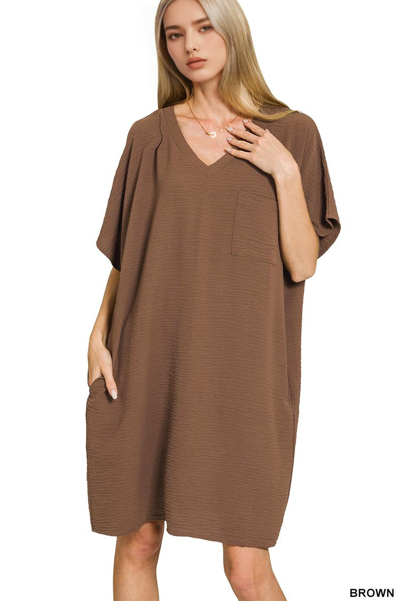 Woven Airflow V Neck T Shirt Dress With Pockets Zenana