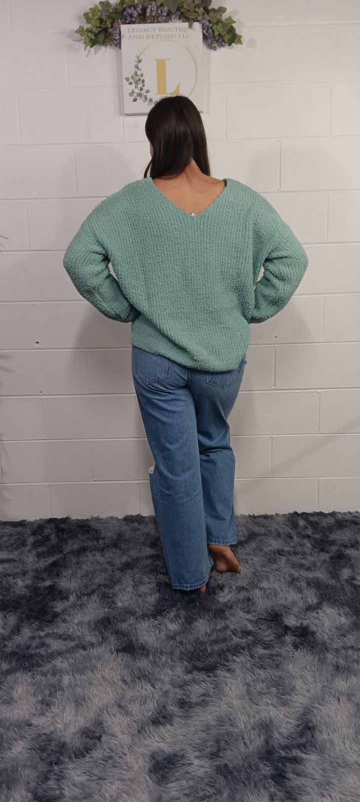 Cozy Co Seafoam Light Knit V Neck Pullover Sweater