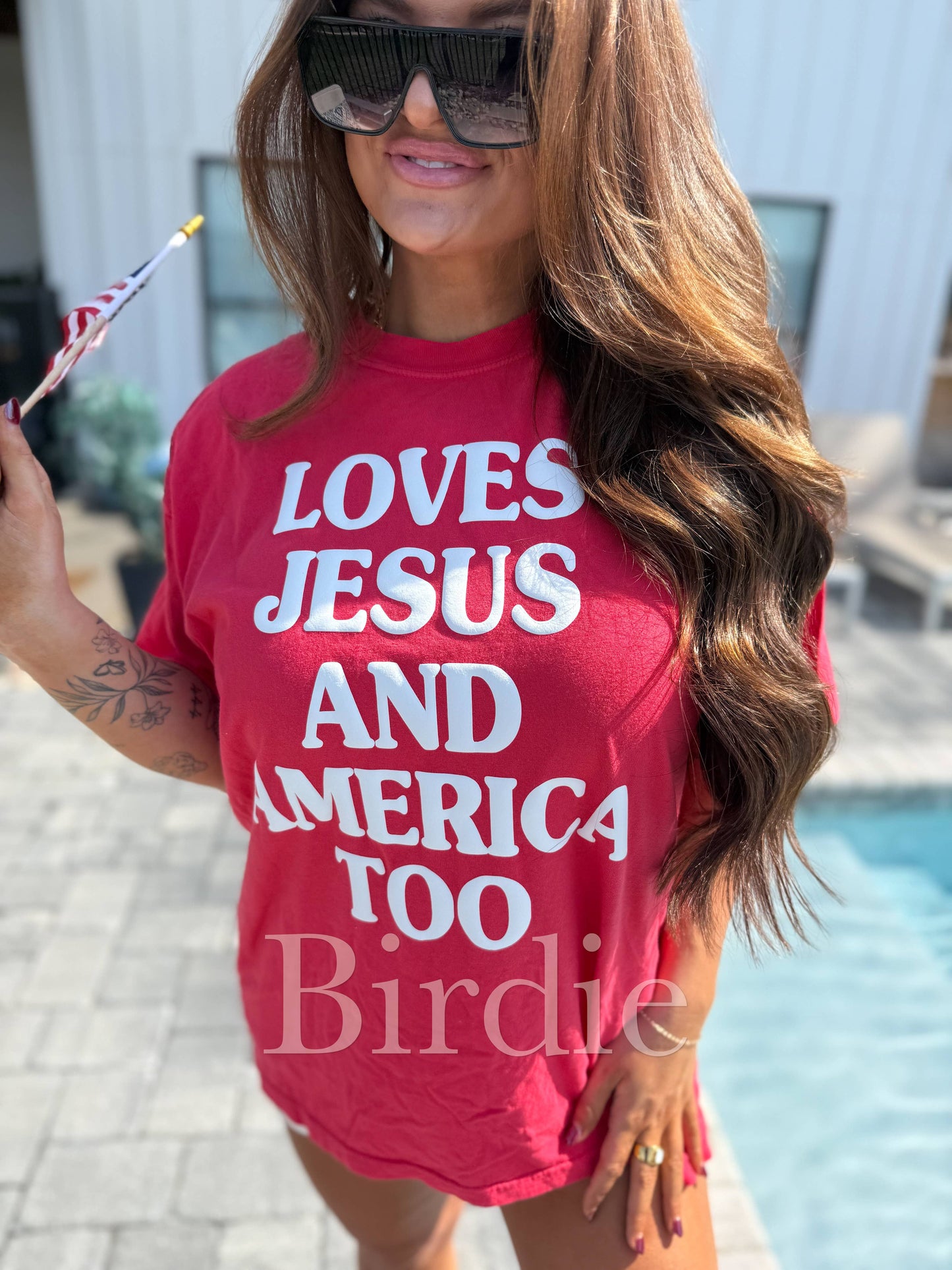 Birdie Loves Jesus & America Too Vinyl Graphic Tee on Paprika