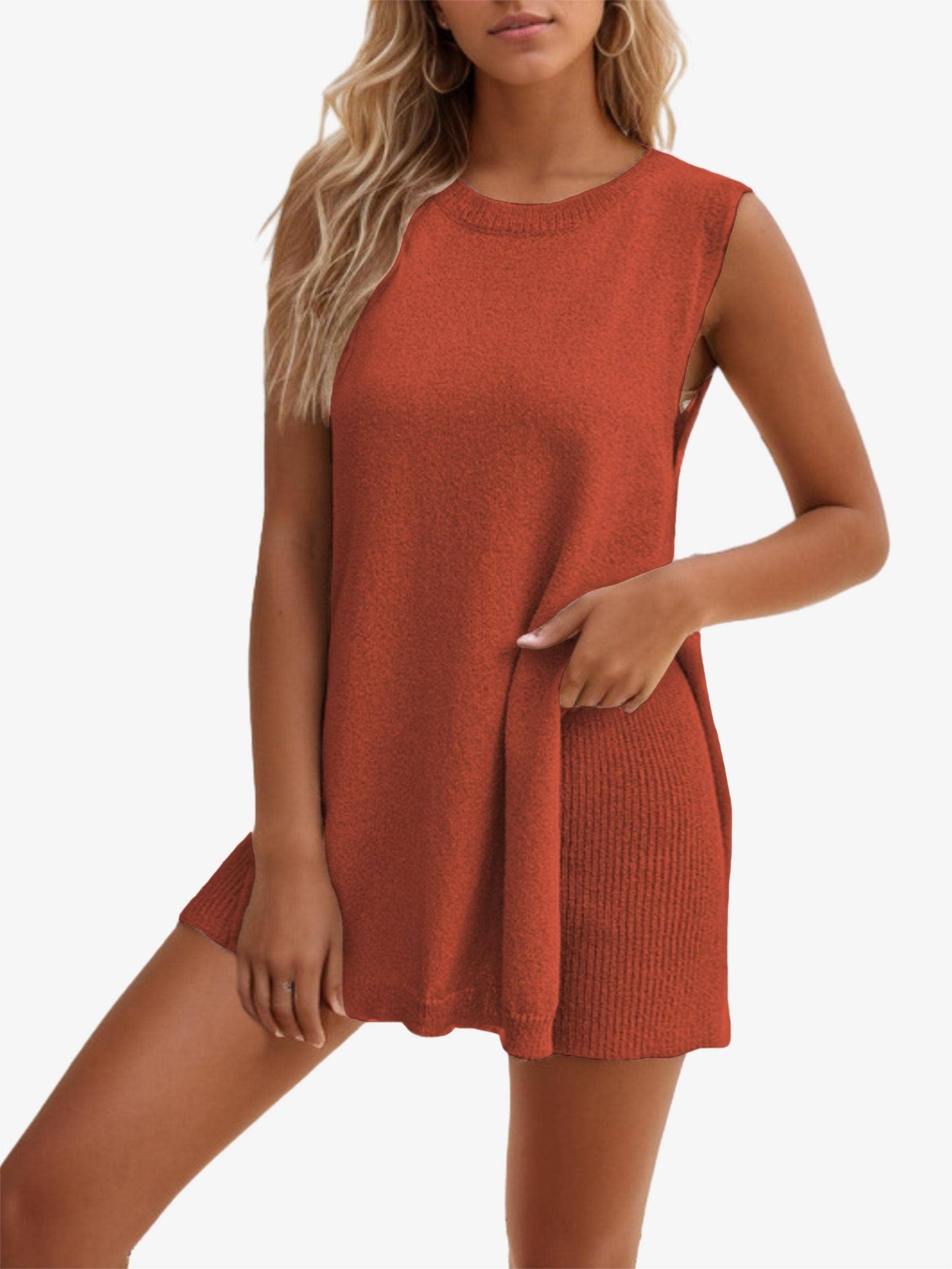Leisure round neck sleeveless knitted dress set