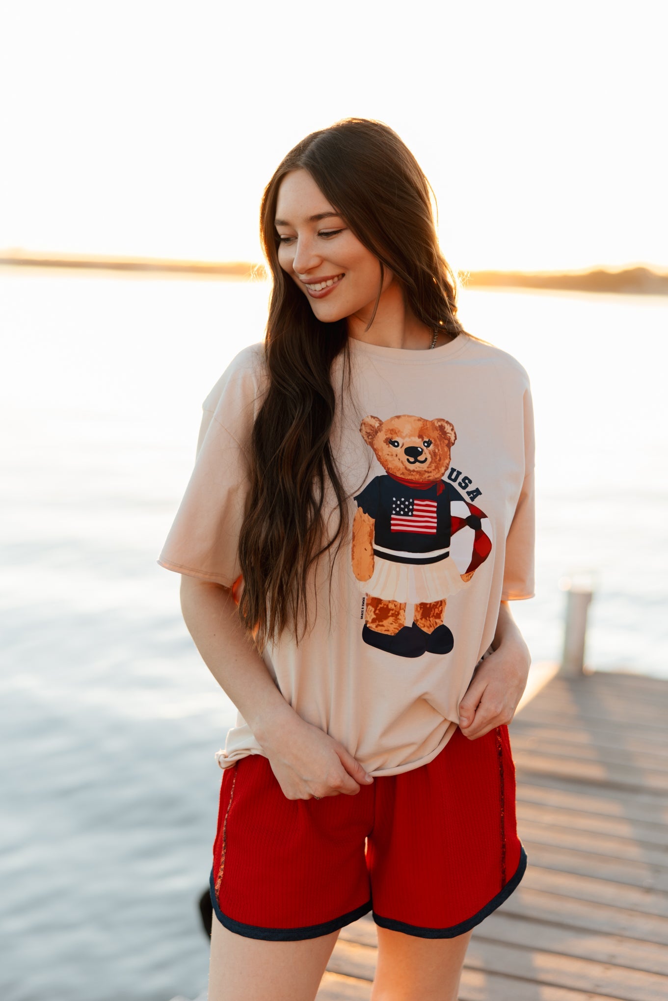 Grace & Emma USA Teddy on Beige Boxy Tee