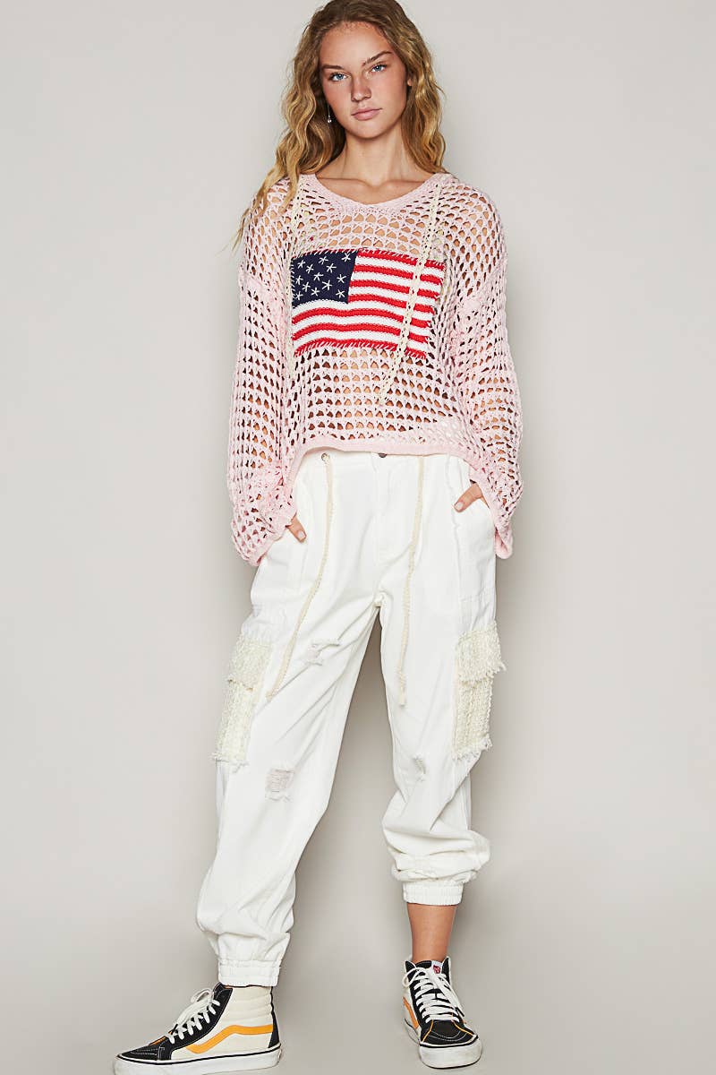 POL Long sleeve American flag hoodie thin sweater top