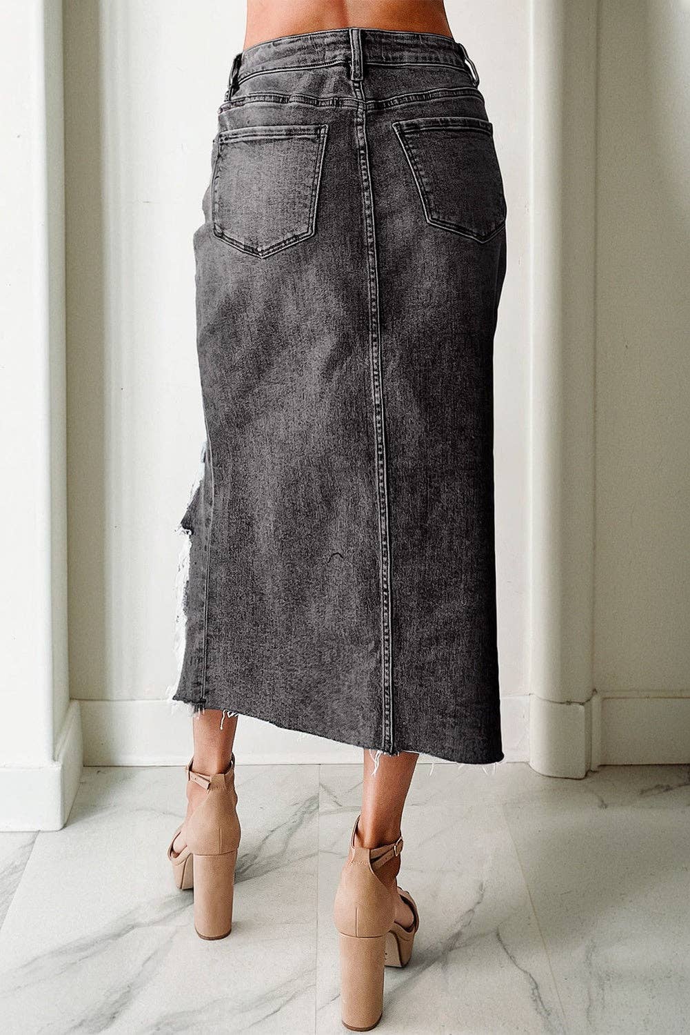 Denim Asymmetrical Distressed Midi Skirt