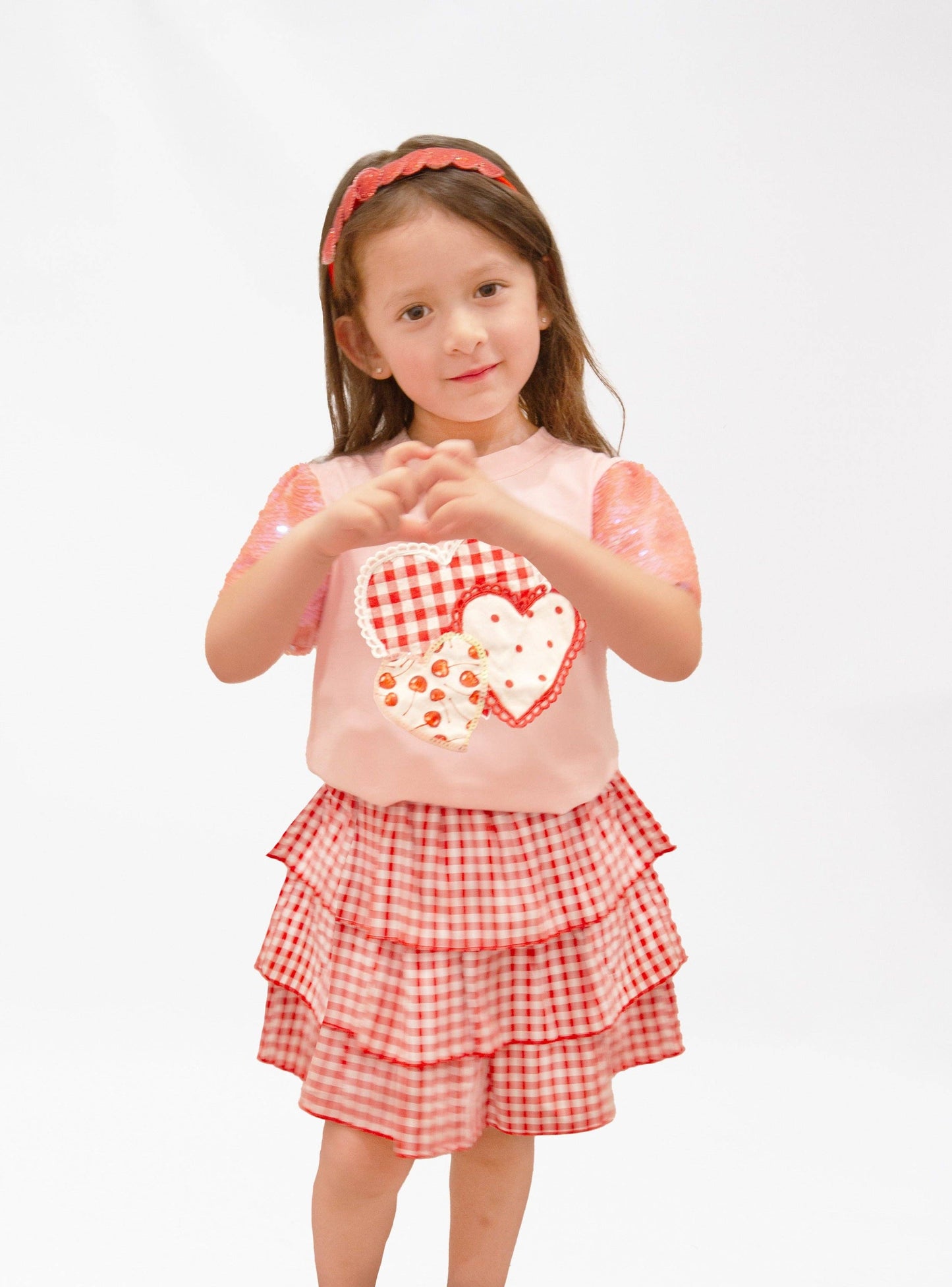 Girls' Heart Patches on Pink Princess Gingham Top