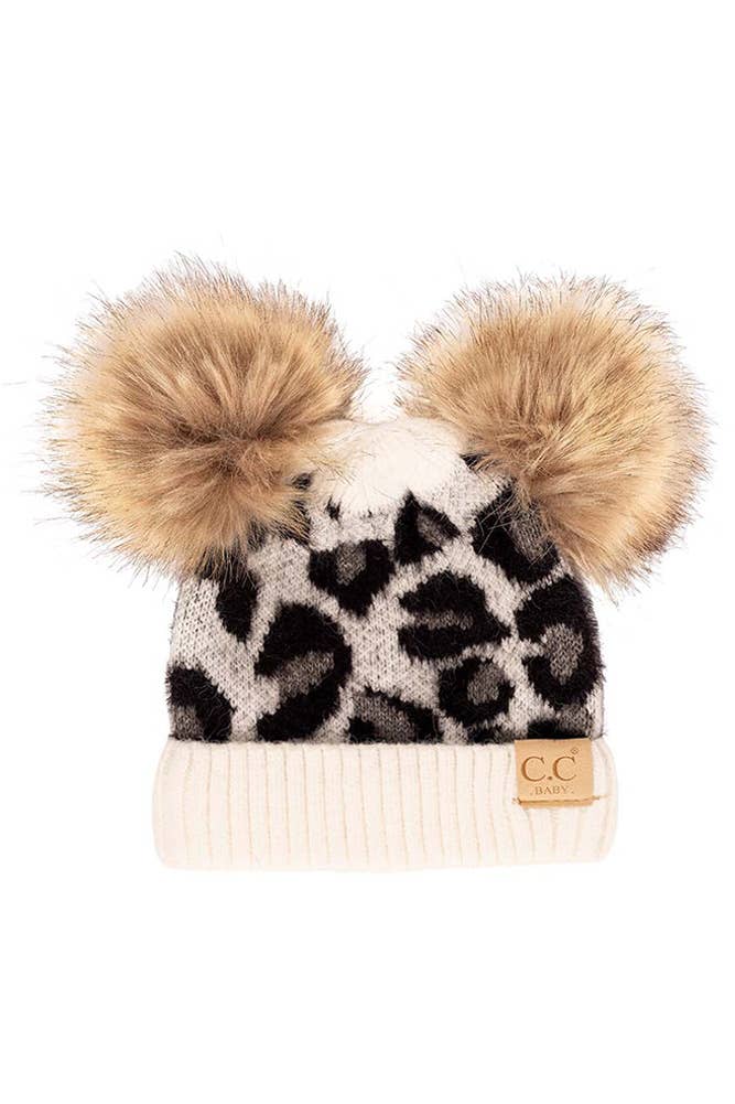 C.C Baby Leopard Double Pom Beanie Hat