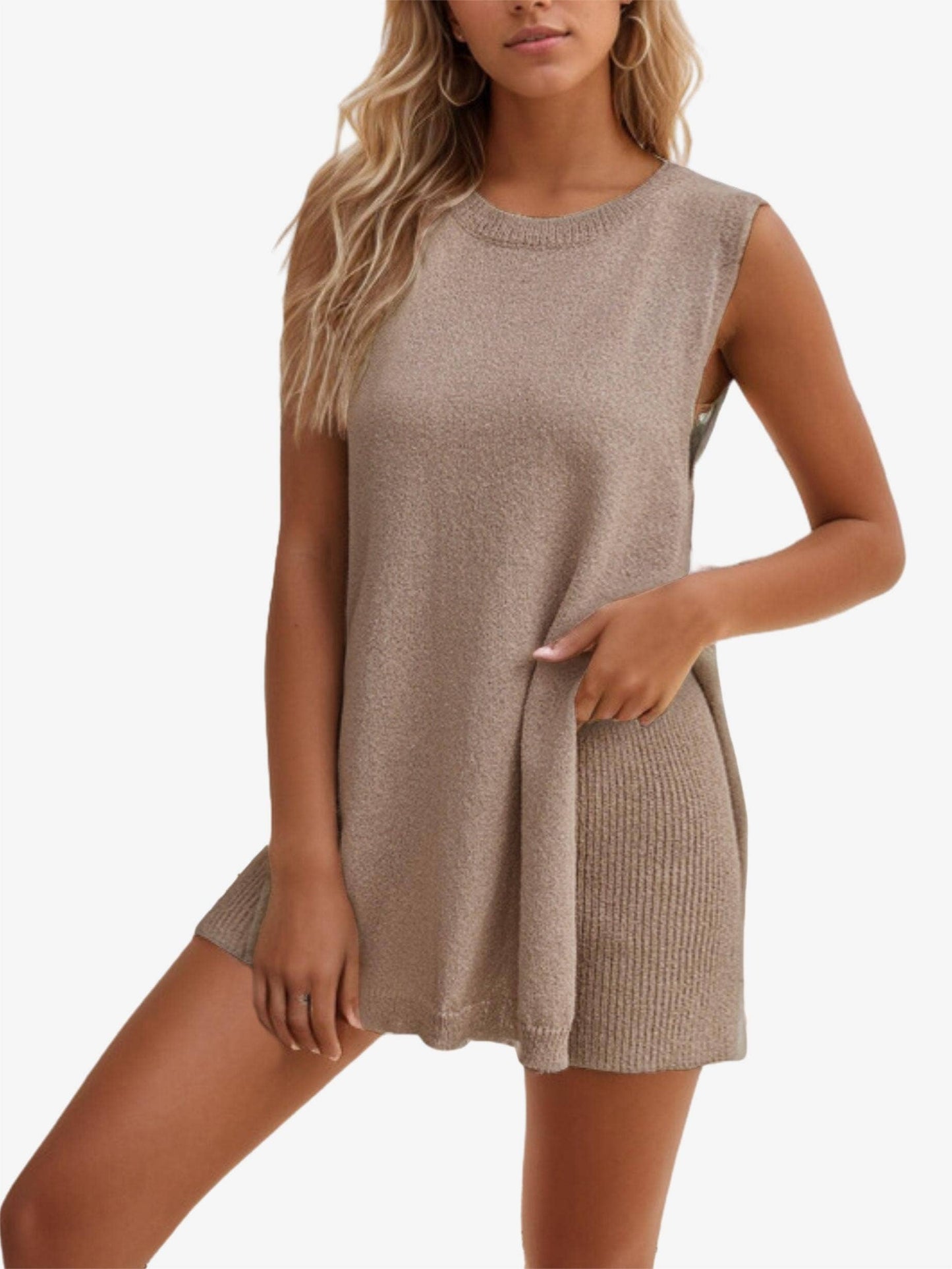 Leisure round neck sleeveless knitted dress set