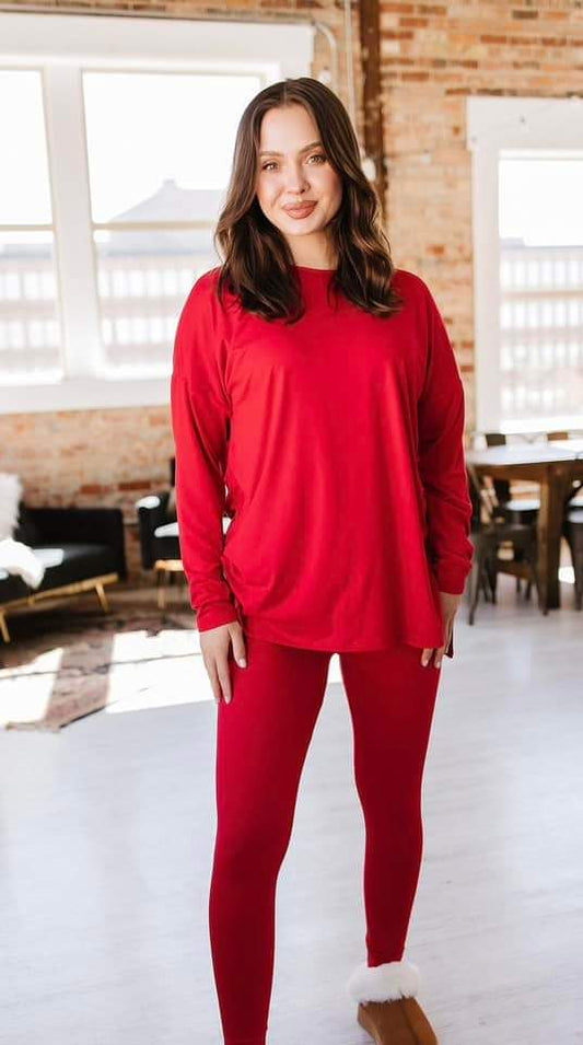 Zenana Long Sleeve Top and Legging Set - Red