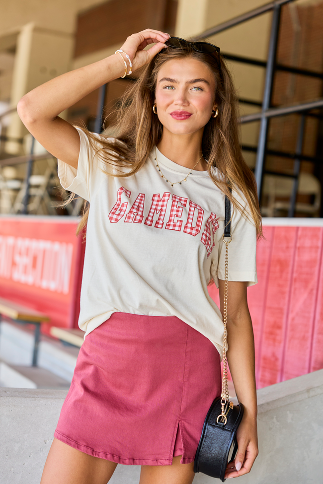 Pink Lily Gameday Red Gingham Ivory Graphic Tee