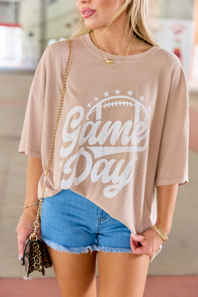 Game Day Script Taupe Oversized Graphic Tee