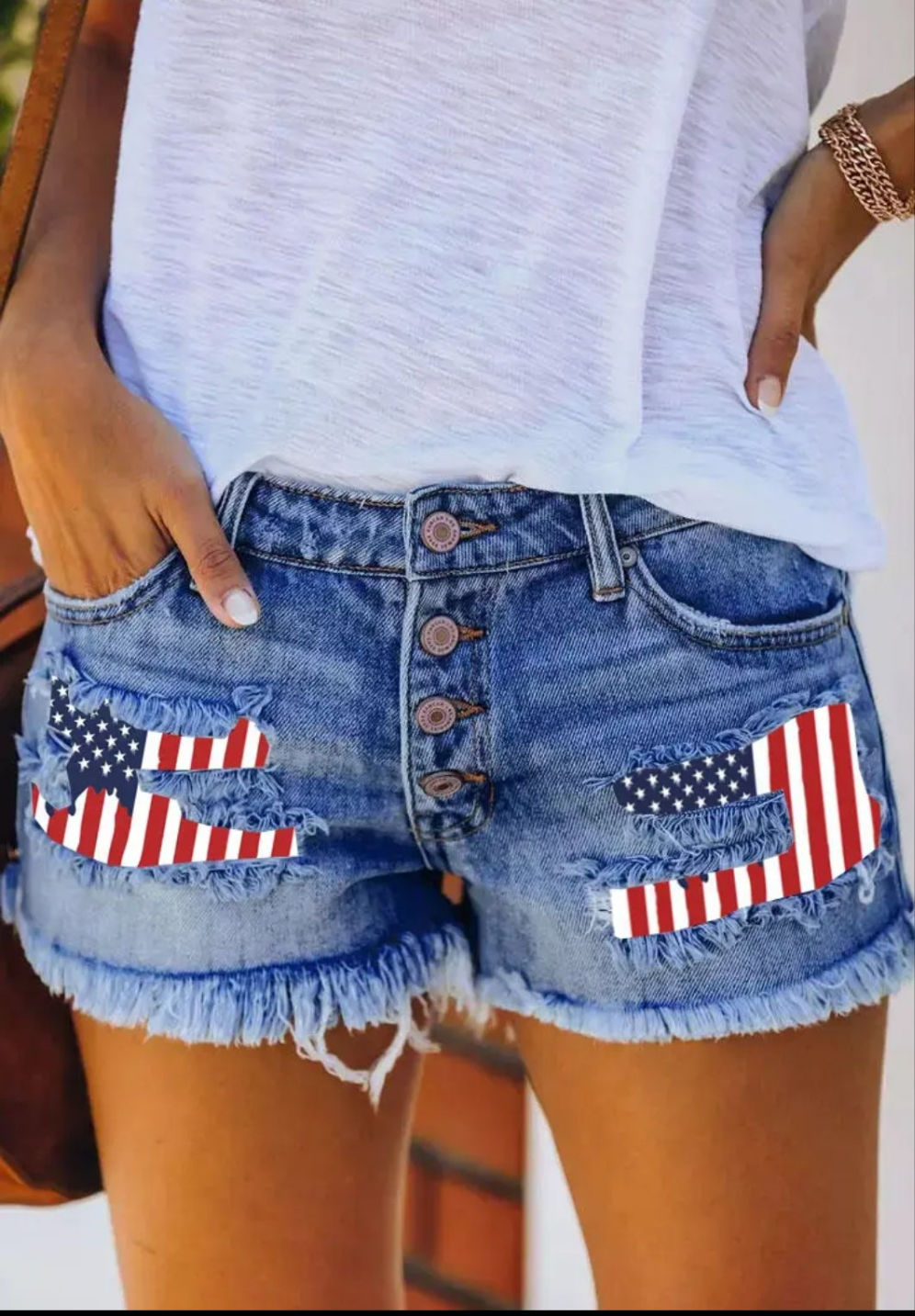 The Forth of July Stars and Flags Patch Fringe Denim Shorts