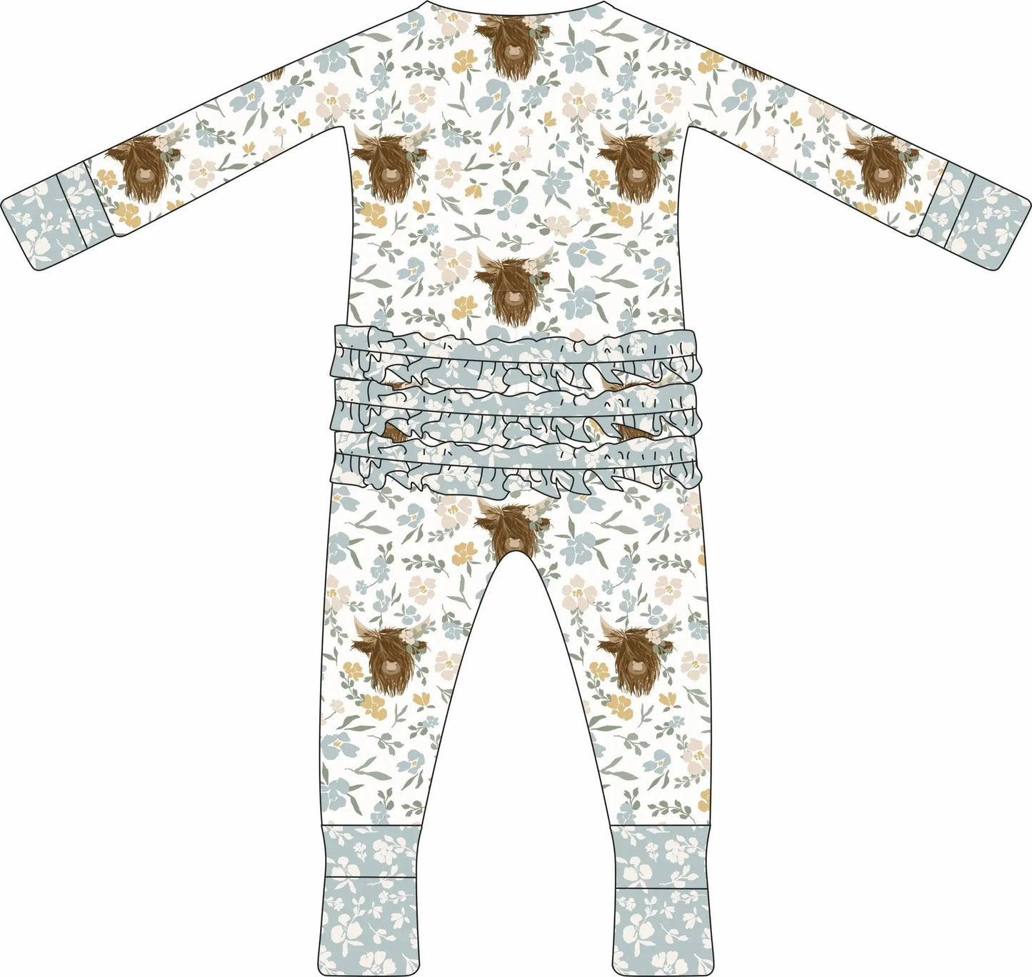 Max and Pippa - Bamboo Floral Highland Cow Zippie Convertible Pajamas