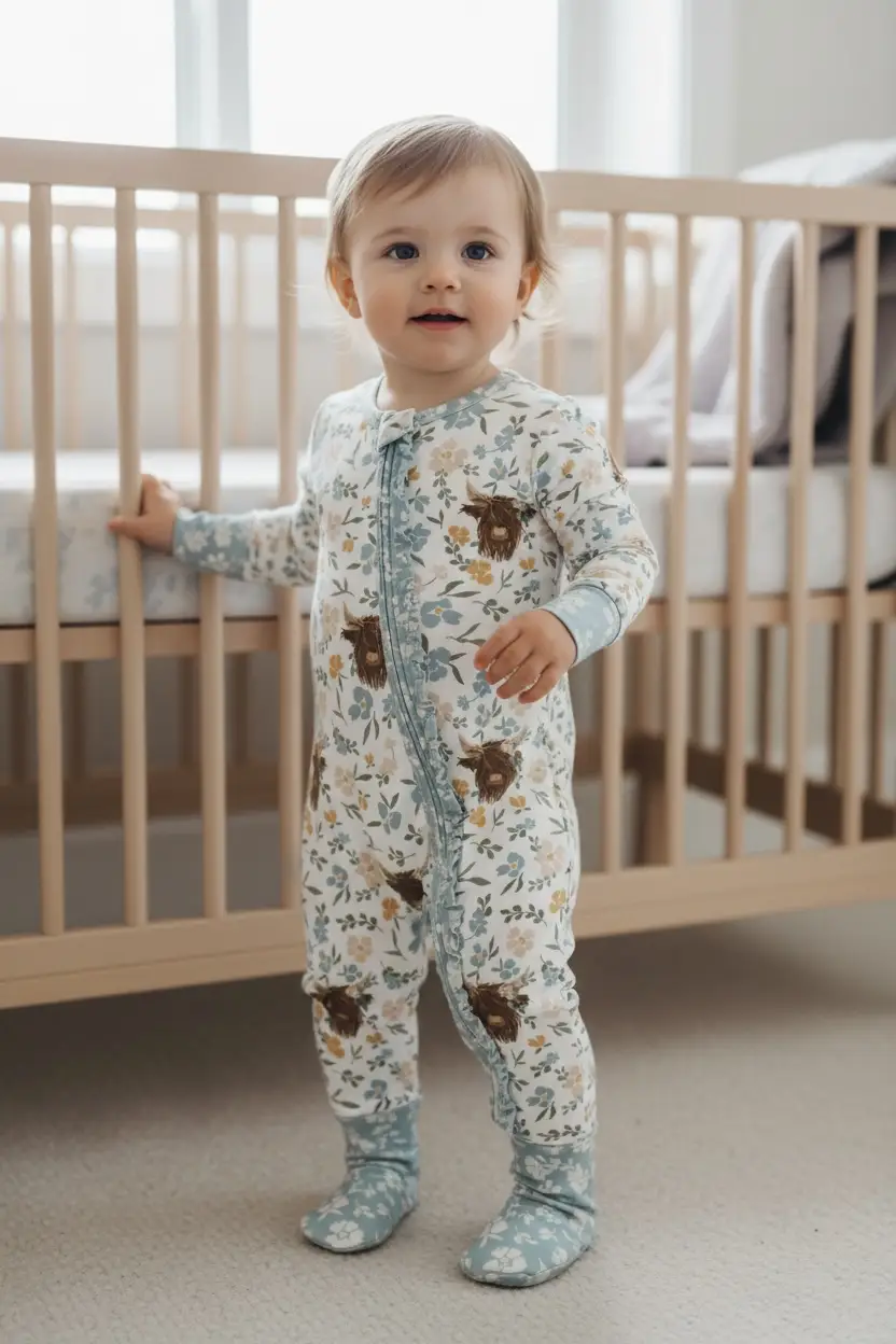 Max and Pippa - Bamboo Floral Highland Cow Zippie Convertible Pajamas
