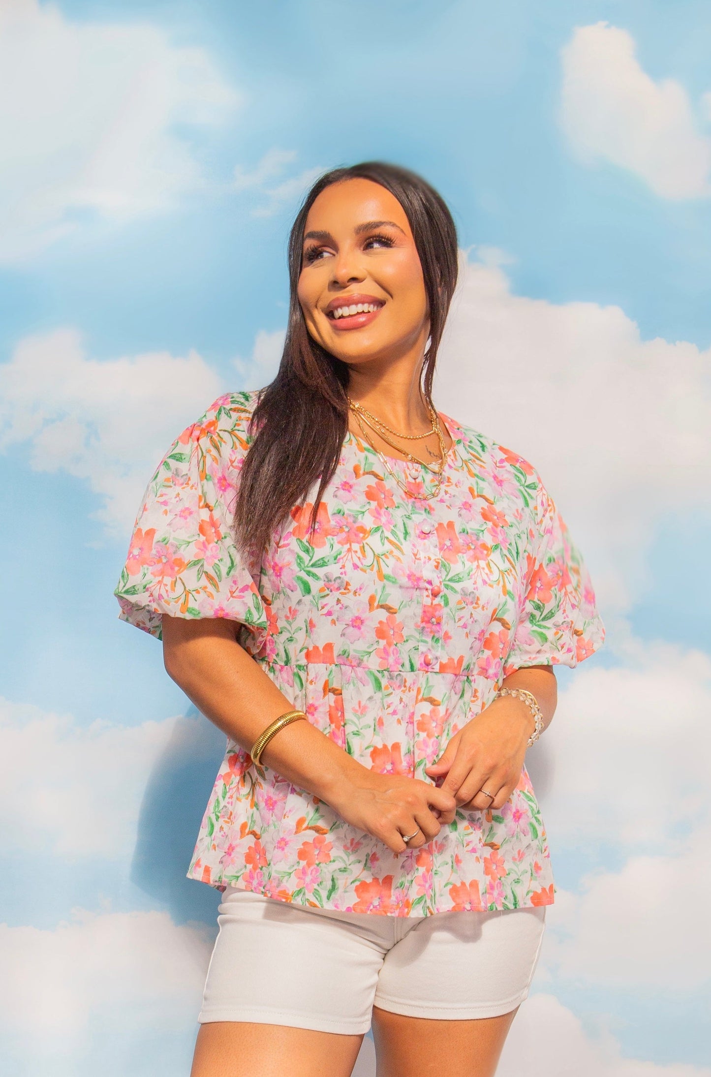Grace & Emma Puff Sleeve Blouse, Watercolor Flowers