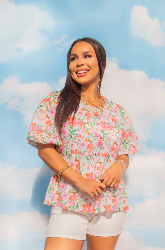 Grace & Emma Puff Sleeve Blouse, Watercolor Flowers