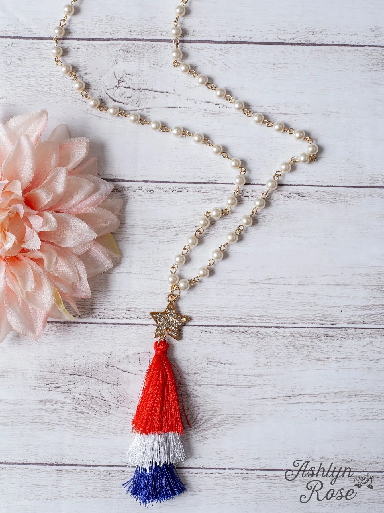 ALL-AMERICAN TASSEL PENDANT ON PEARL CHAIN NECKLACE