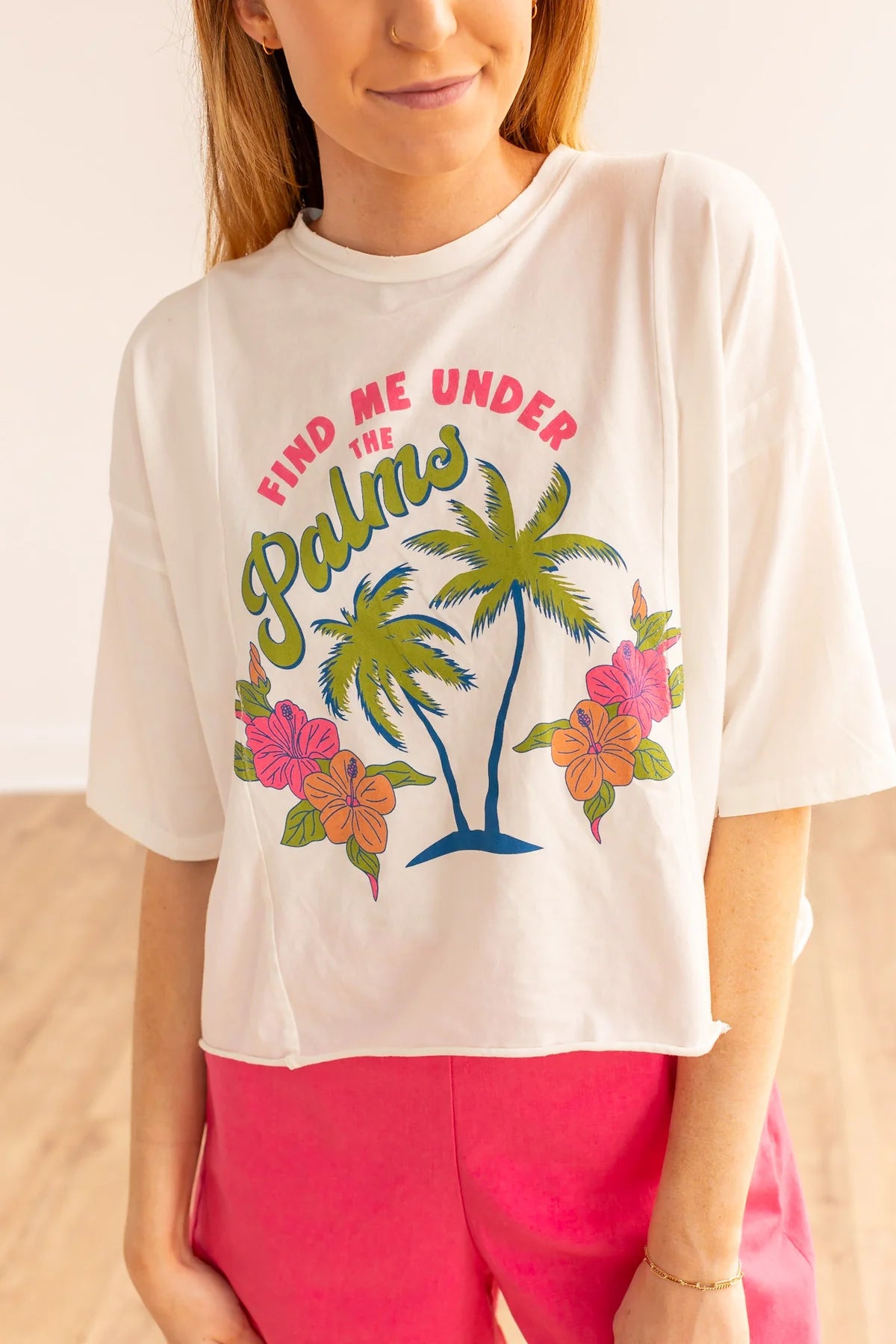 FIND ME UNDER THE PALMS ON BOXY CROP IN WHITE SHIRT