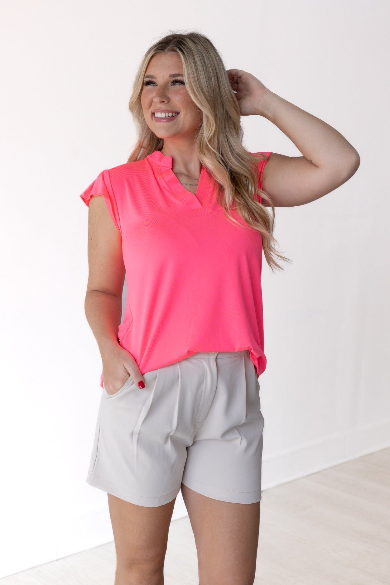 Grace & Emma The Nicole V-Neck Top, Neon Pink