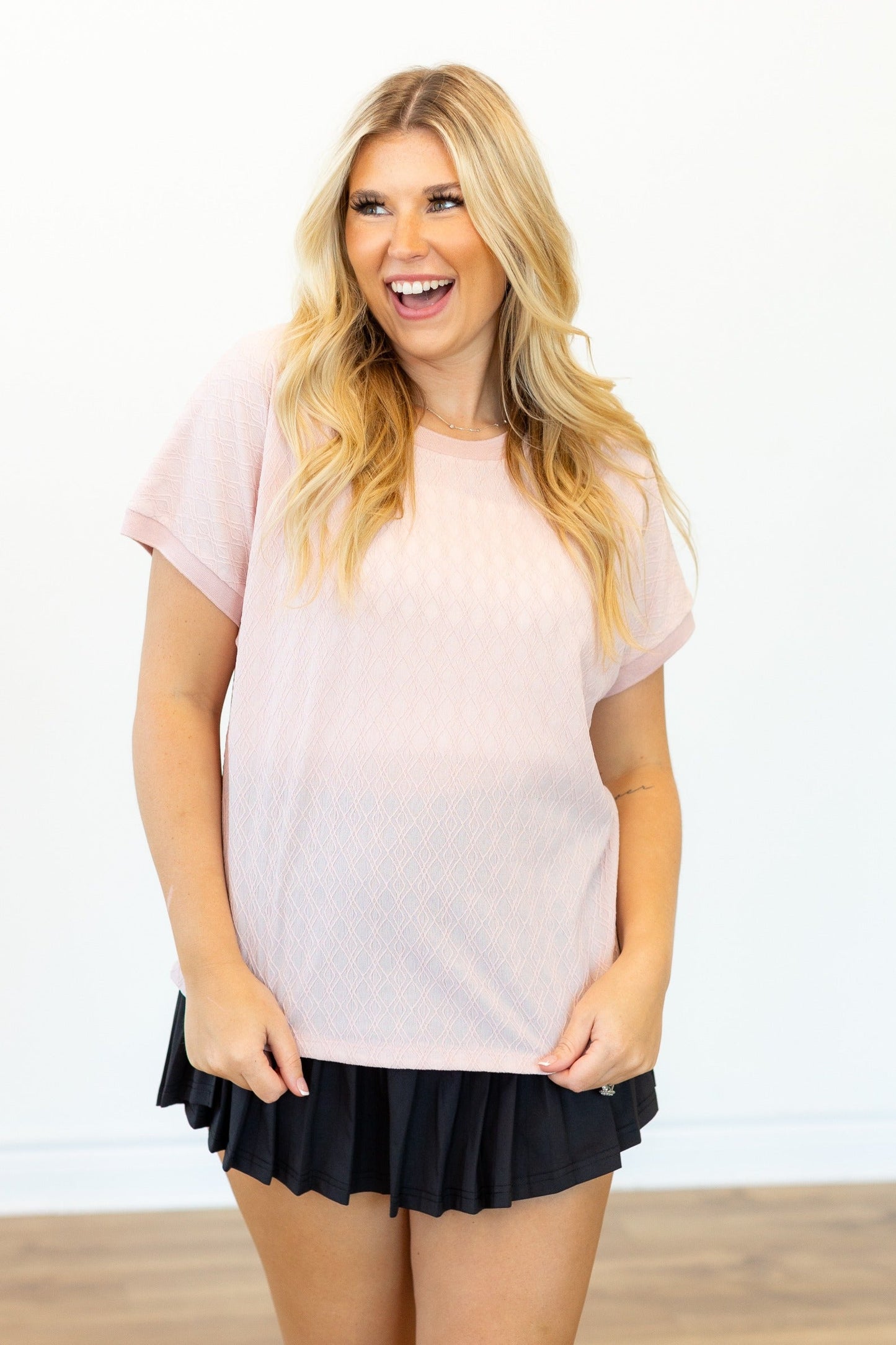 Grace & Emma Textured Fabric Crew Neck Top, Light Pink