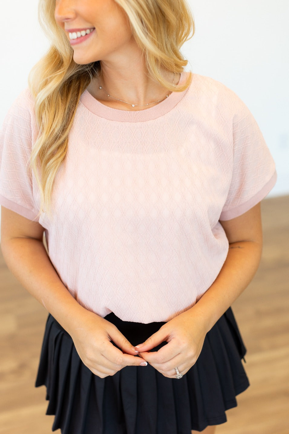 Grace & Emma Textured Fabric Crew Neck Top, Light Pink