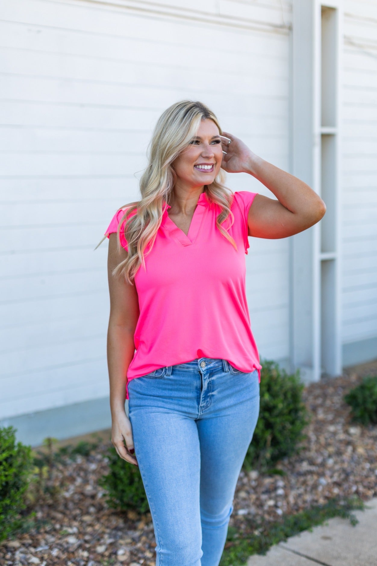 Grace & Emma The Nicole V-Neck Top, Neon Pink