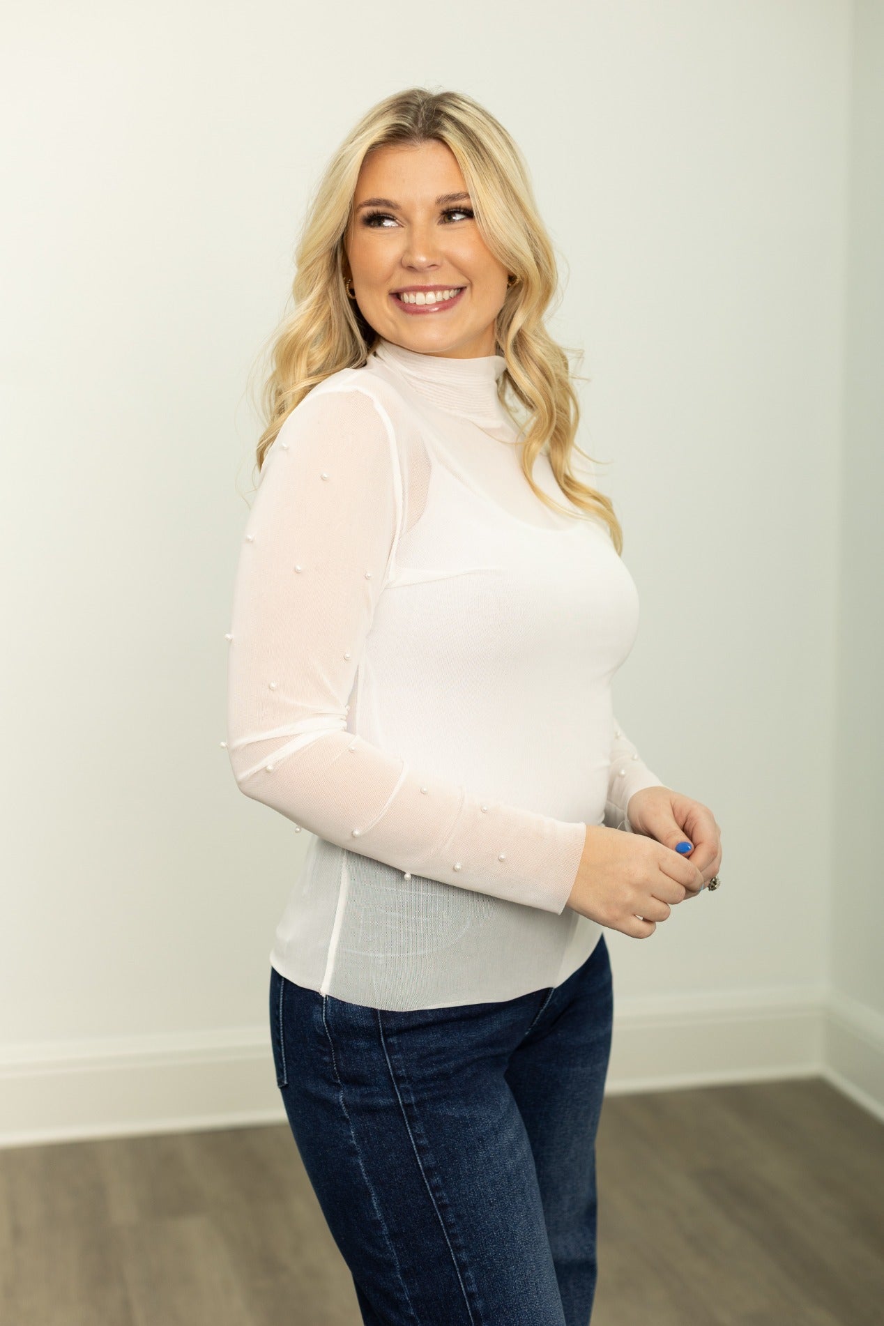 Grace & Emma Mock Neck Mesh Top with Pearl Detail, White