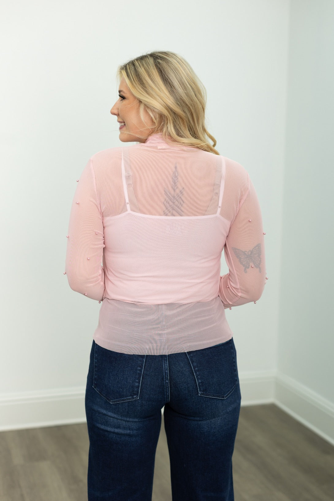 Grace & Emma Mock Neck Mesh Top with Pearl Detail, Pink