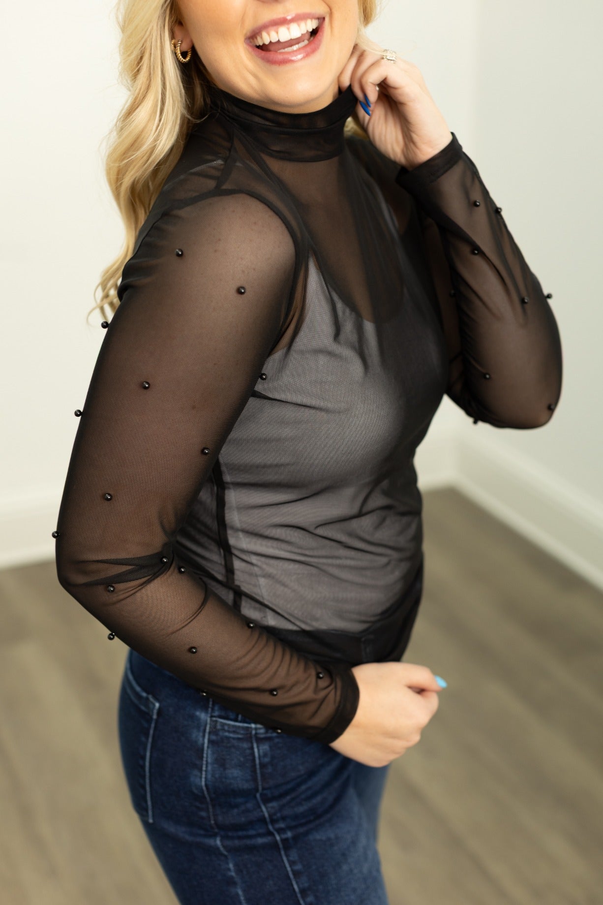 Grace & Emma Mock Neck Mesh Top with Pearl Detail, Black