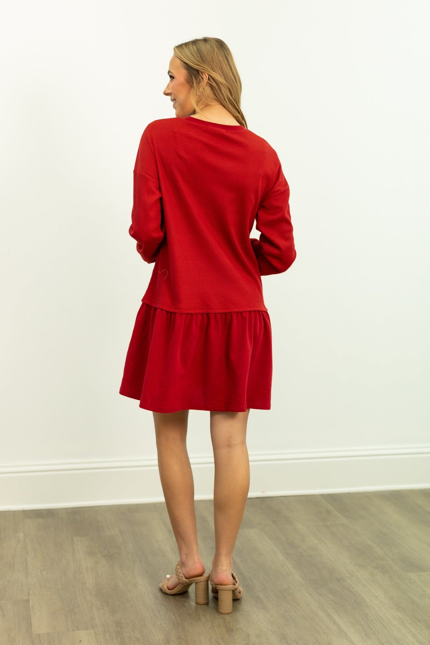 Grace & Emma Waffle Knit Long-Sleeve Dress, Red