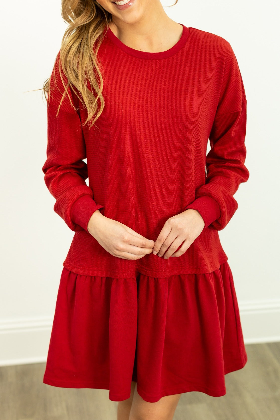 Grace & Emma Waffle Knit Long-Sleeve Dress, Red