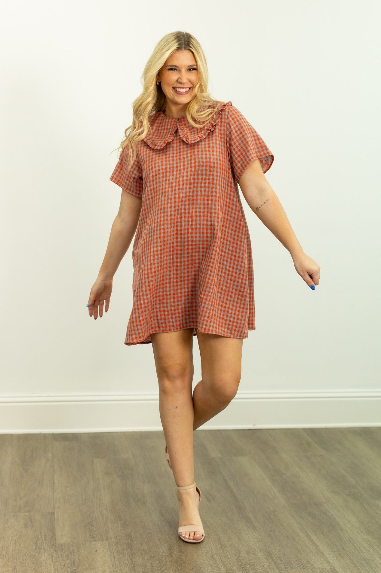 Grace + Emma Orange and Grey Gingham Dress