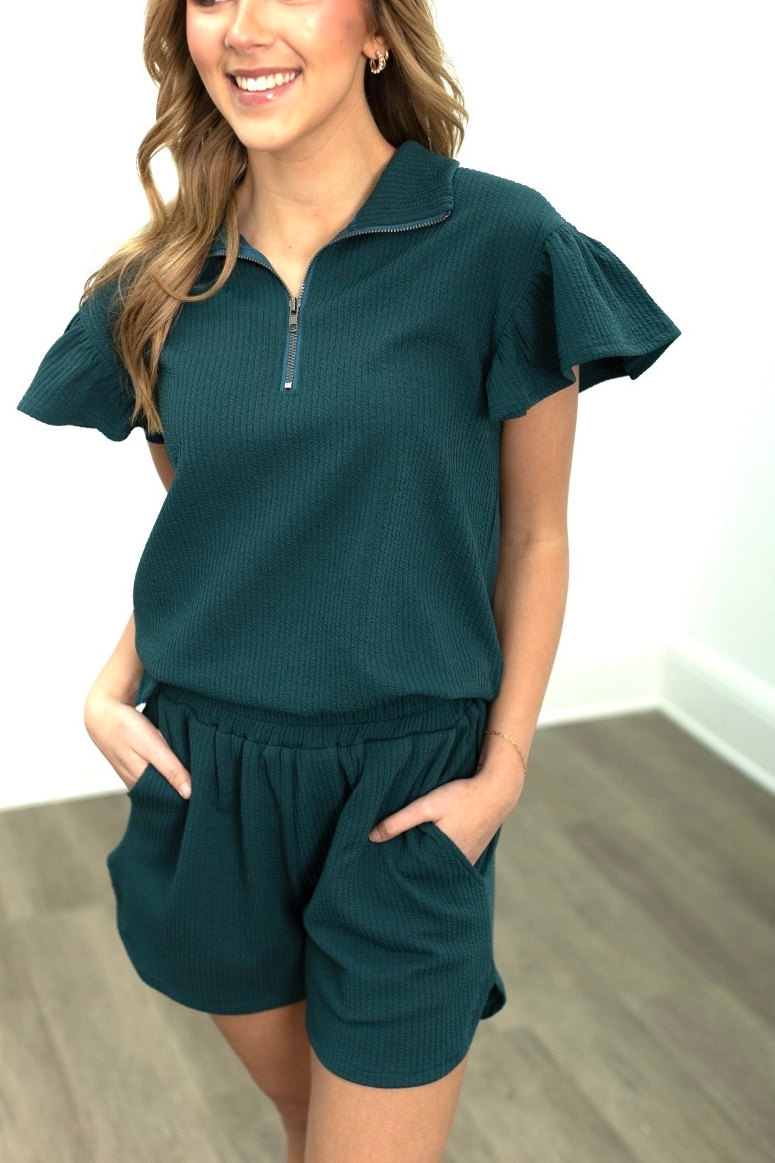 Grace & Emma Forest Green Quarter Zip with Flutter Sleeves