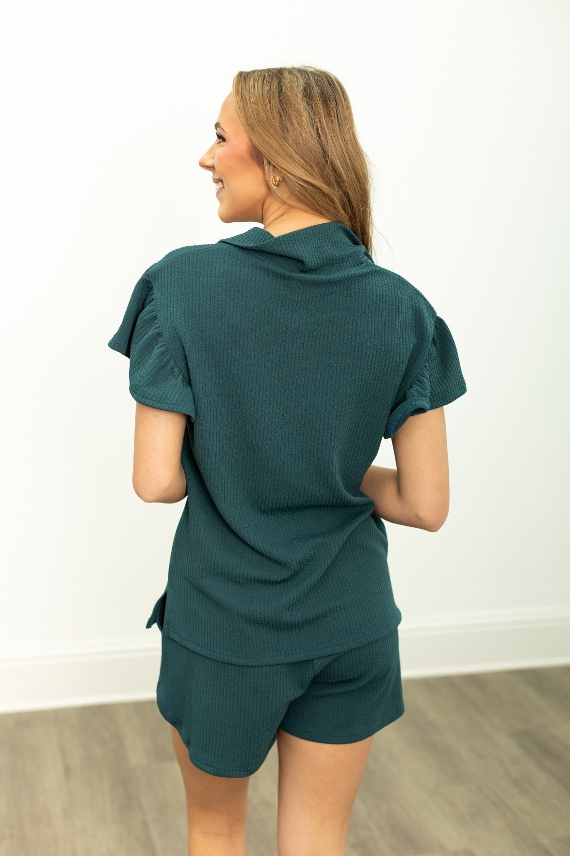 Grace & Emma Forest Green Quarter Zip with Flutter Sleeves