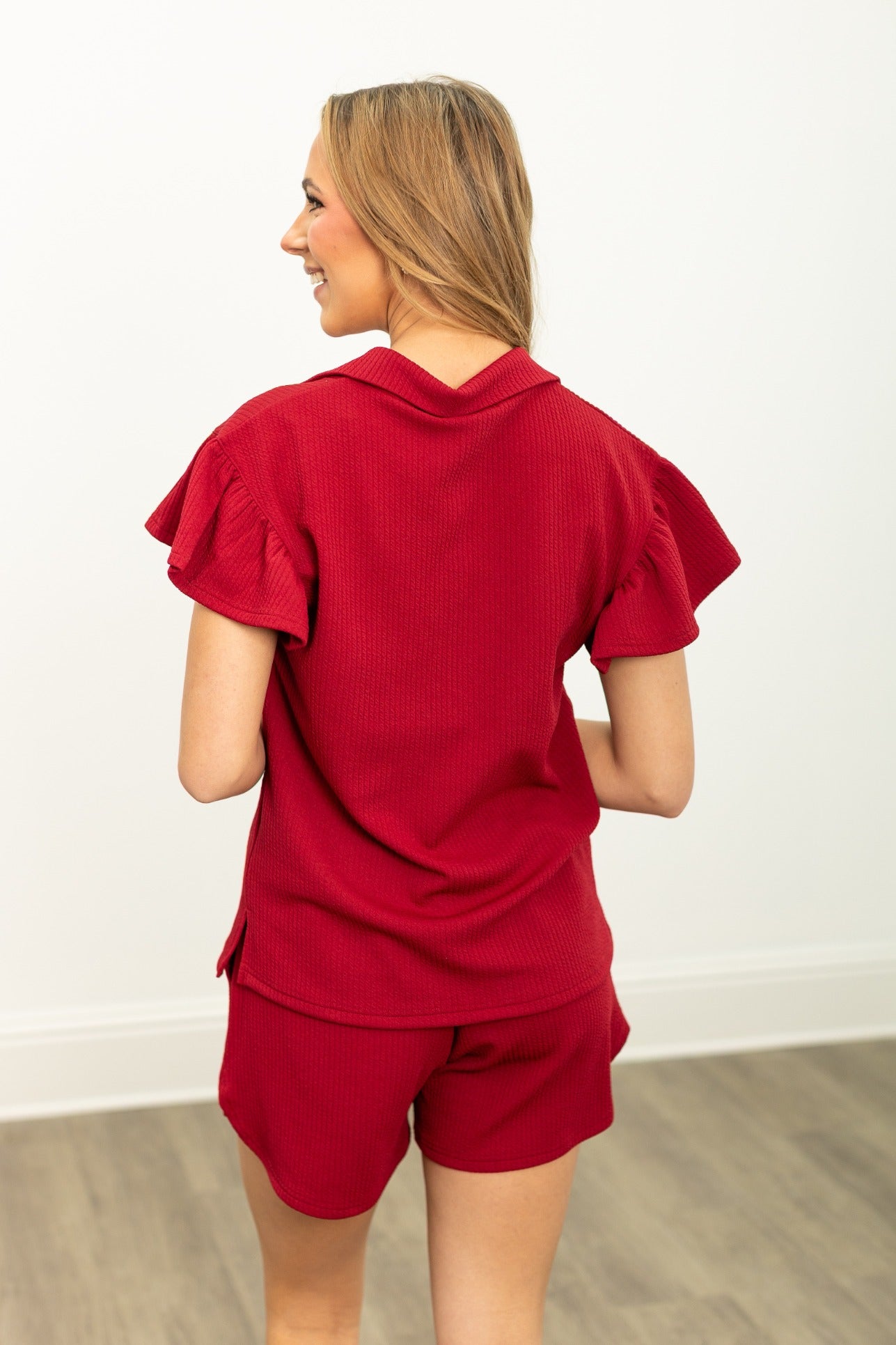 Grace & Emma Maroon Quarter Zip with Flutter Sleeves