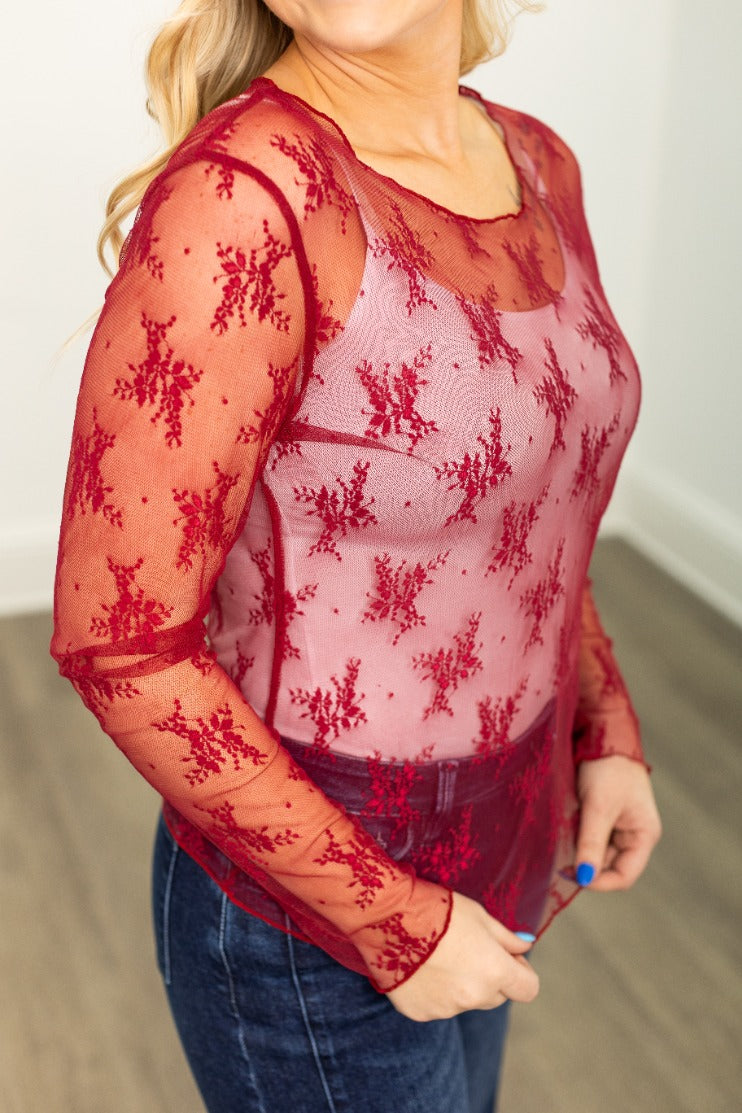 Grace & Emma Lace Long-sleeve Top, Red