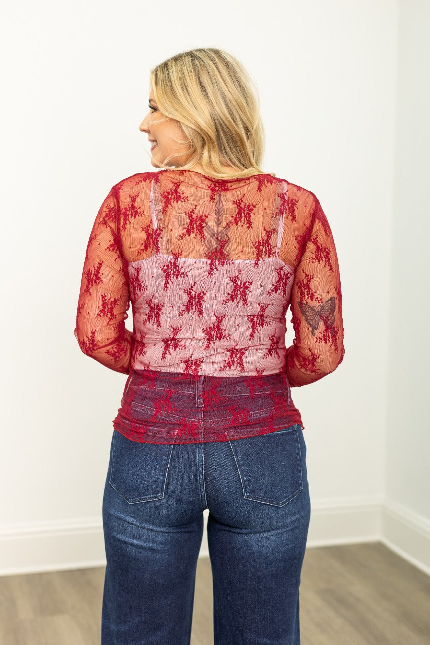 Grace & Emma Lace Long-sleeve Top, Red