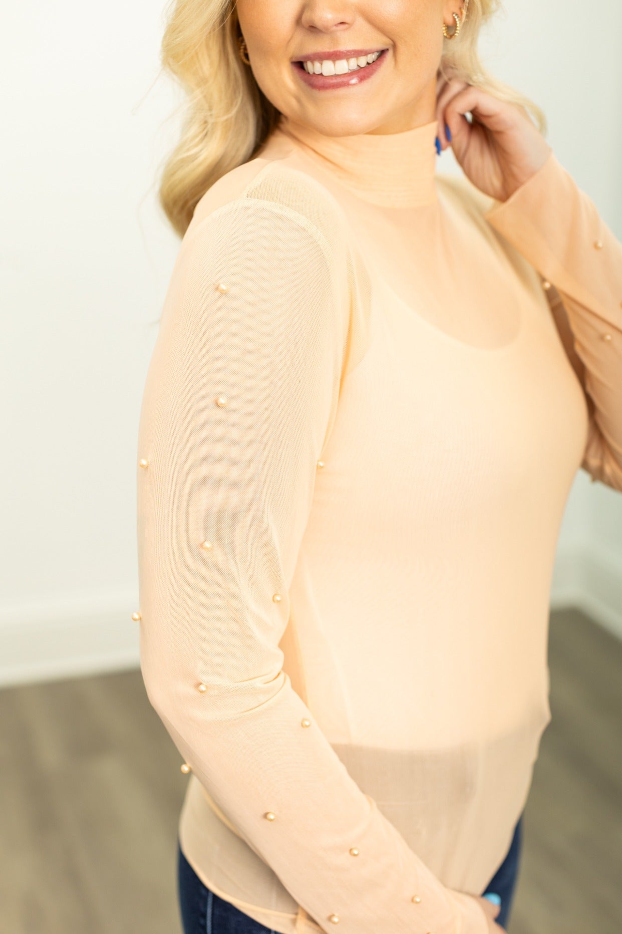 Grace & Emma Mock Neck Mesh Top with Pearl Detail, Champagne